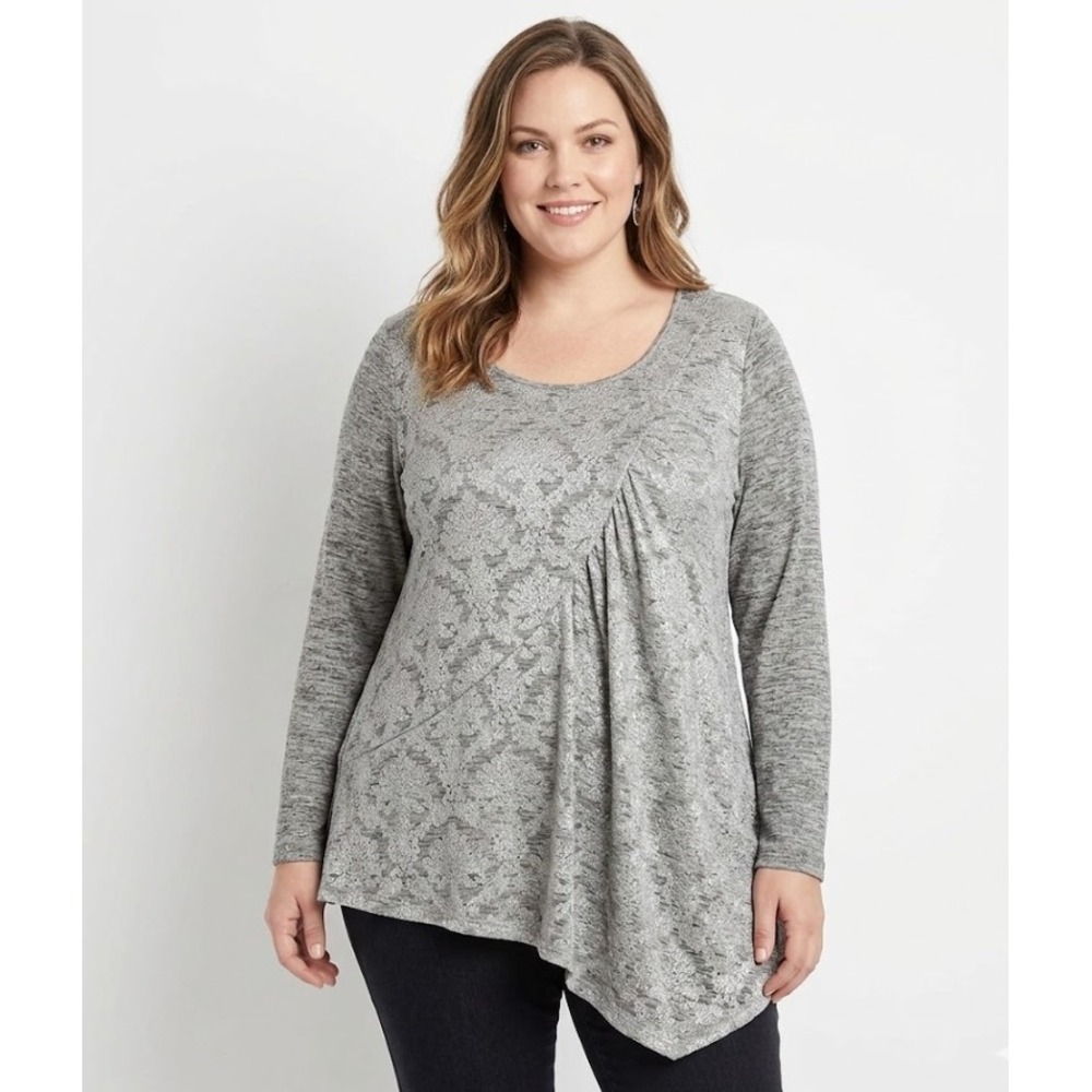 One World size 3X Gray Abstract Print Asymmetric Stretch Long Sleeve Blouse